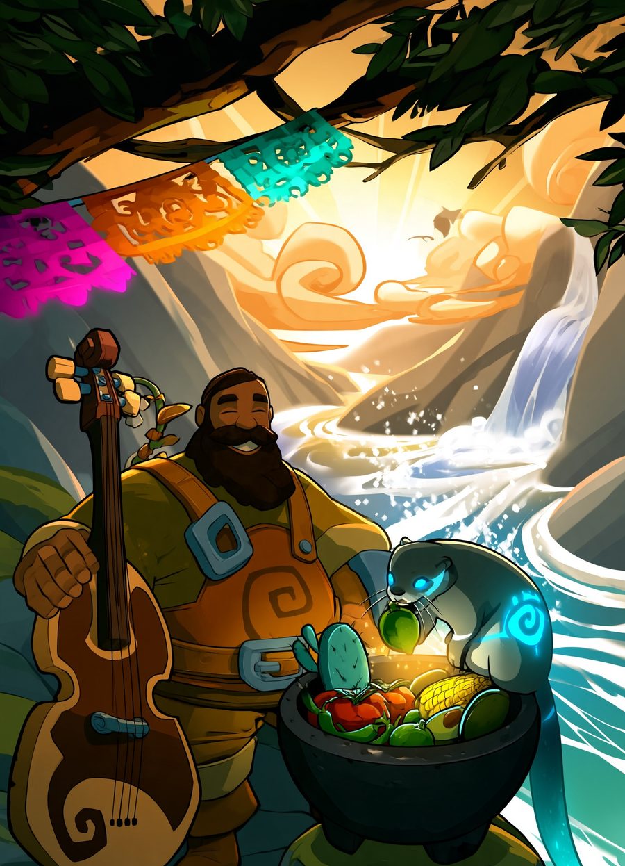 The Molcajete coloring book cover: Arturo with his bass and Ripple the river otter beside a molcajete full of tomatoes, corn, limes and nopales, by a river at dusk under papel picado
