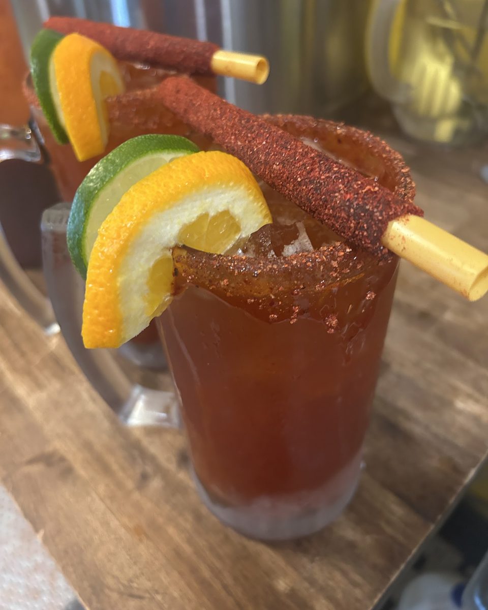 A michelada rimmed with chili powder